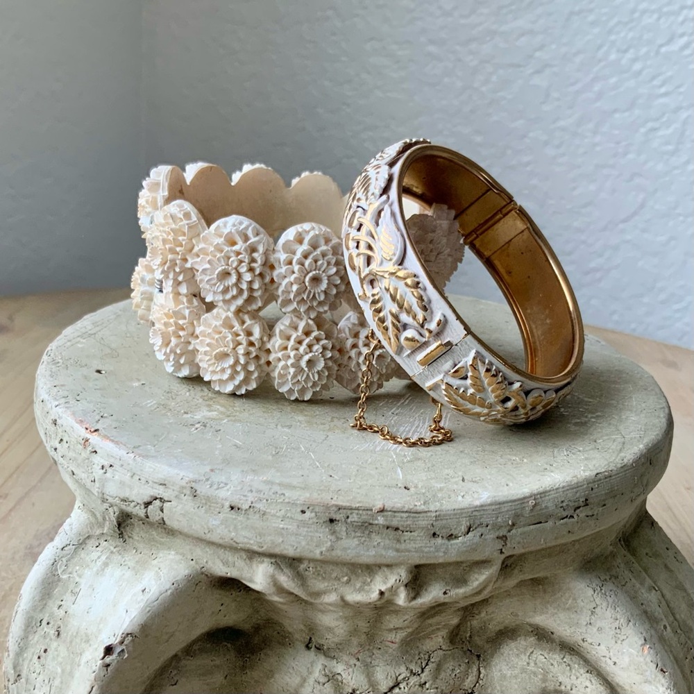 Bracelet Bundle, French Ivory Clamper And white Washed Bangle With Cherry Motif